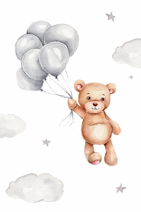Bild Watercolor teddy bear and grey balloons; hand draw illustration; can be used for kid poster or card; with white isolated background