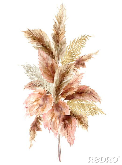 Bild Watercolor tropical bouquet with dry pampas grass and gold textures. Hand painted exotic card isolated on white background. Floral illustration for design, print, fabric or background.