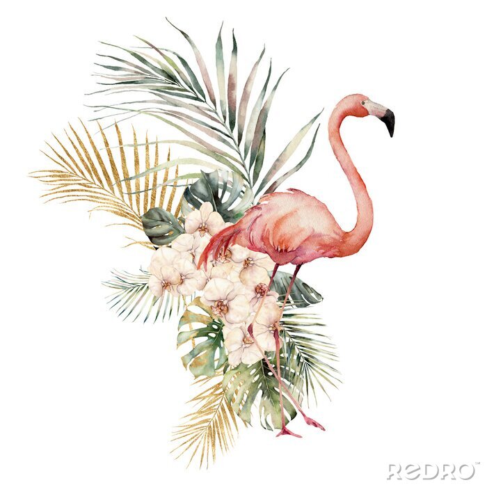 Bild Watercolor tropical card with pink flamingos, orchids and palm leaves. Hand drawn golden coconut and monstera leaves. Floral illustration isolated on white background for design, print or background.