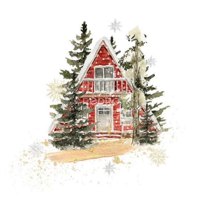 Bild Watercolor winter landscape. Hand painted christmas forest with cozy red house, fir tree, snow, snowflakes. New year forest. illustration for card design, print.