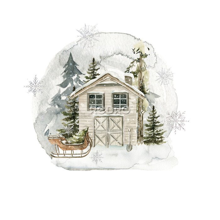 Bild Watercolor winter landscape. Hand painted christmas forest with cozy red house, fir tree, snow, snowflakes. New year forest. illustration for card design, print.