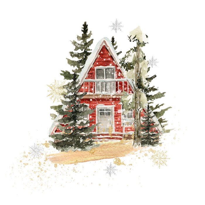 Bild Watercolor winter landscape. Hand painted christmas forest with cozy red house, fir tree, snow, snowflakes. New year forest. illustration for card design, print.