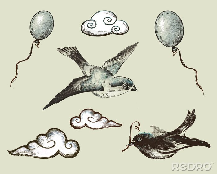 Bild Weinlese. Sammlung Dekorelemente. Birds. Ball.Cloud.