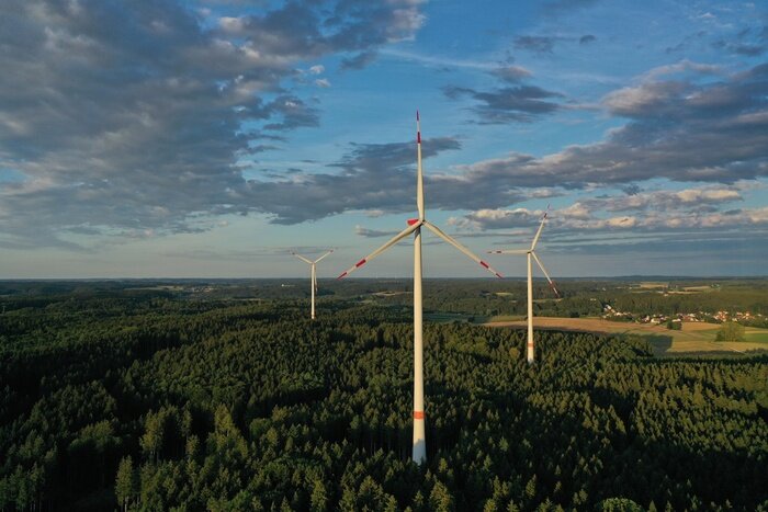 Bild Weißes Windrad unter den Bäumen