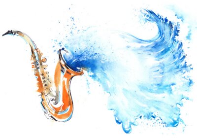 Wellen, die aus einem Saxophon fließen Aquarellgrafik