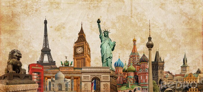 Bild Welt Wahrzeichen Foto Collage auf Jahrgang tes Sepia texturierter Hintergrund, Reisen, Tourismus und Studie rund um die Welt Konzept, Vintage Postkarte