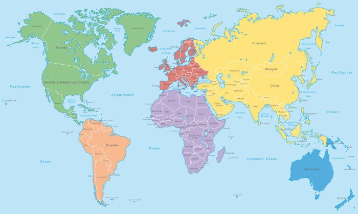 Bild Weltkarte - Kontinente in Farbe (hoher Detailgrad)