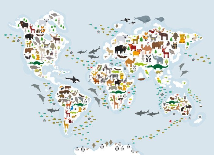Bild Weltkarte mit Tieren auf blauem Hintergrund