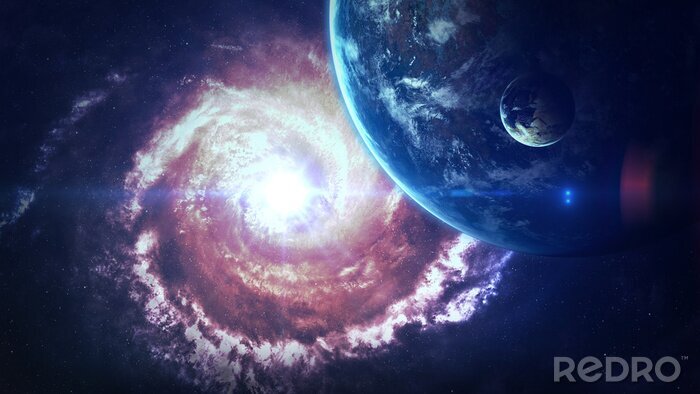 Bild Weltraum mit Spiralgalaxie und Planeten