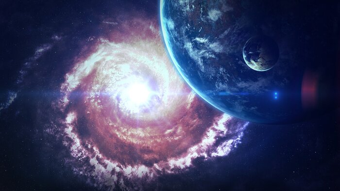 Bild Weltraum mit Spiralgalaxie und Planeten