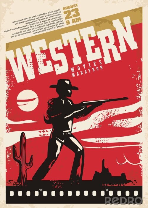 Bild Western movies marathon retro poster design layout. Cinema festival. Vintage film poster template with cowboy and wild west landscape.