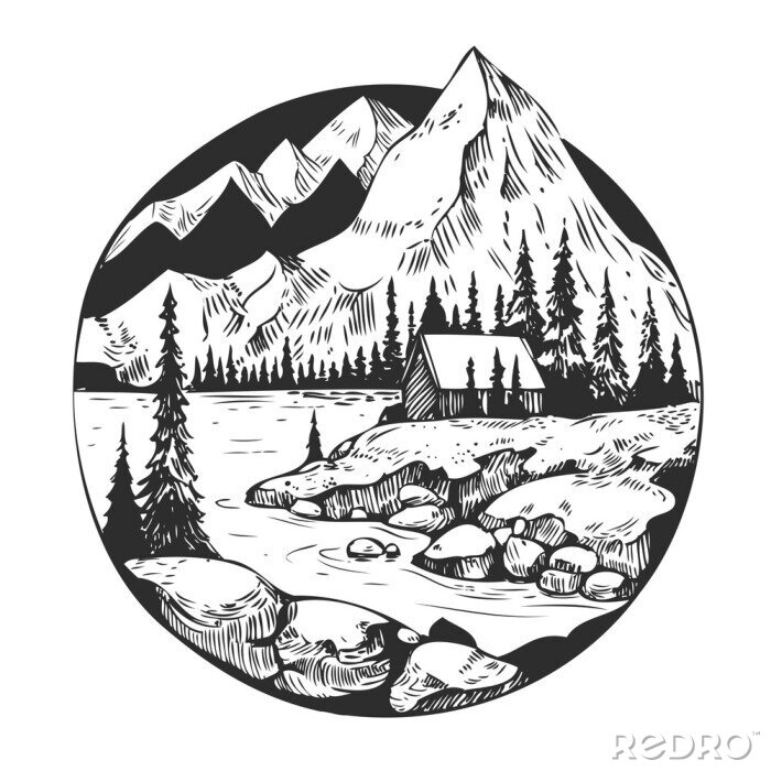 Bild Wild natural landscape with mountains, lake, pines, rocks. Hand drawn illustration converted to vector.
