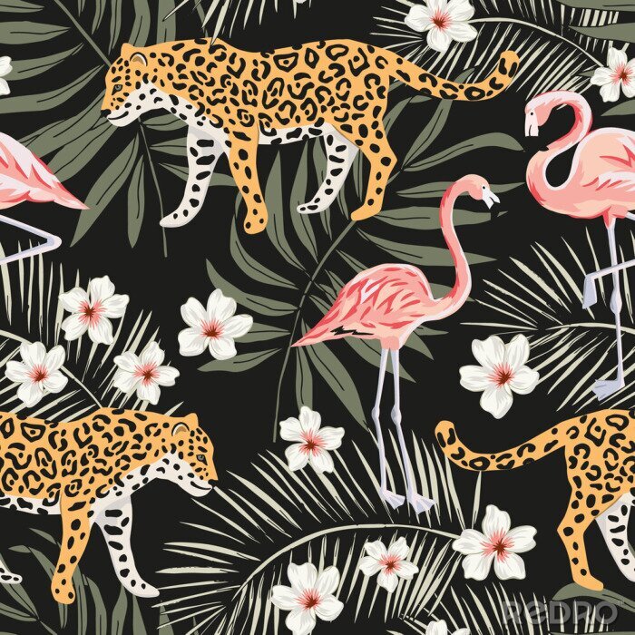 Bild Wildtieren Flamingos und Blumen