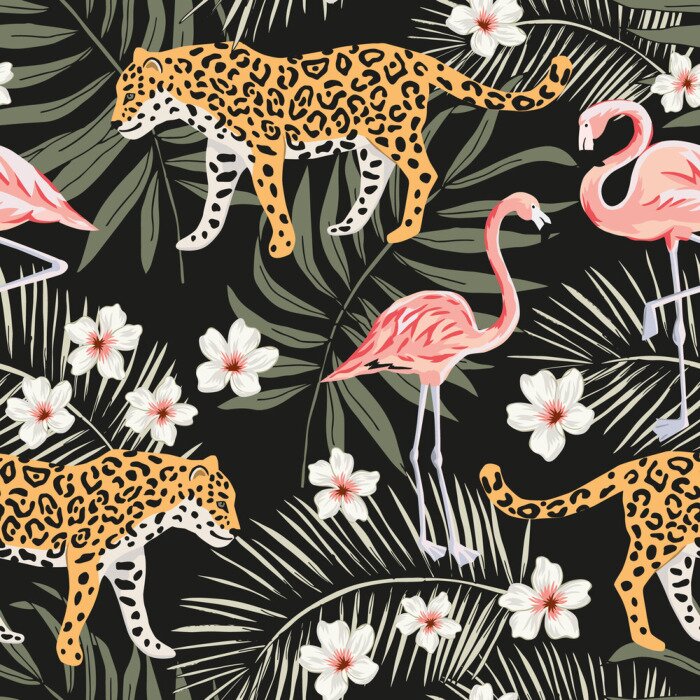 Bild Wildtieren Flamingos und Blumen