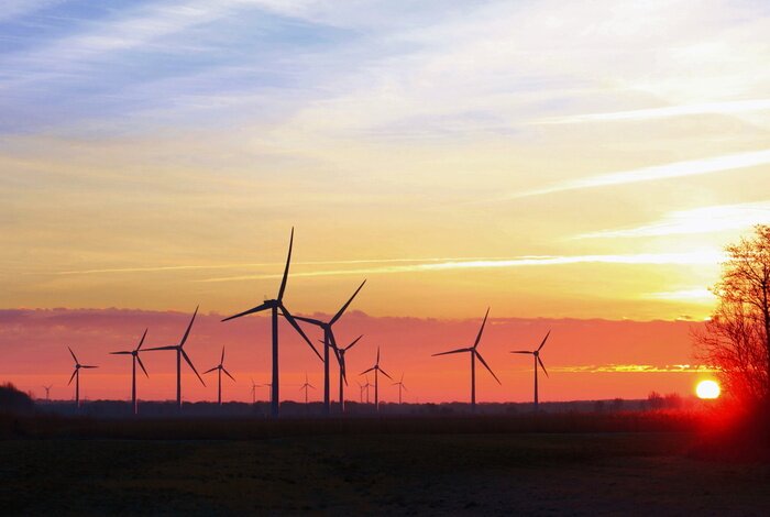 Bild Windturbinen und Sonnenuntergang