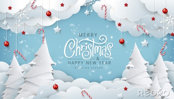 Bild Winter christmas composition in paper cut style.Merry Christmas text Calligraphic Lettering Vector illustration.