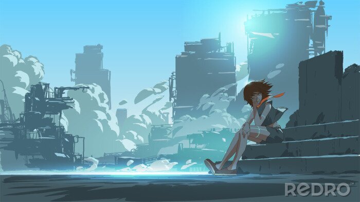 Bild woman sitting outside against the futuristic city scene in the background, vector illustration