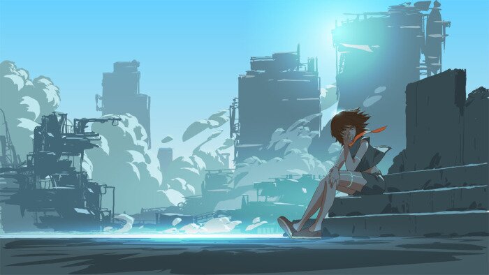 Bild woman sitting outside against the futuristic city scene in the background, vector illustration