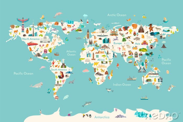 Bild World map vector illustration. Landmarks, sight and animals hand draw icon. World vector poster for children, cute illustrated. Travel concept card
