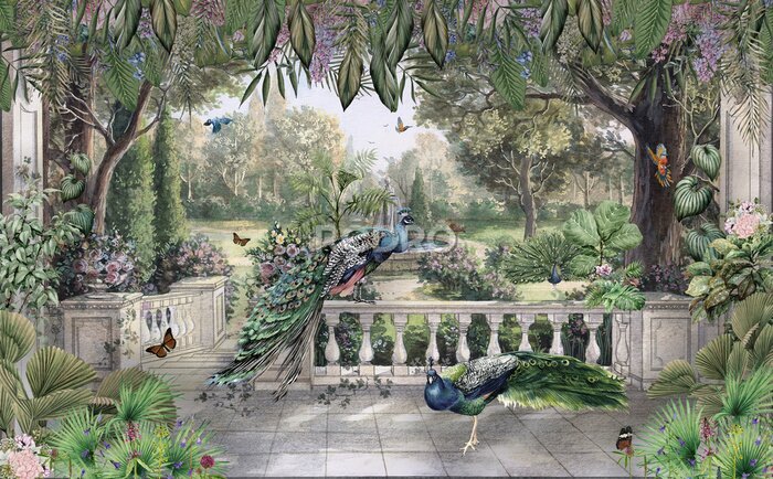 Bild Wunderschöne Pfauenvögel in einem tropischen Garten