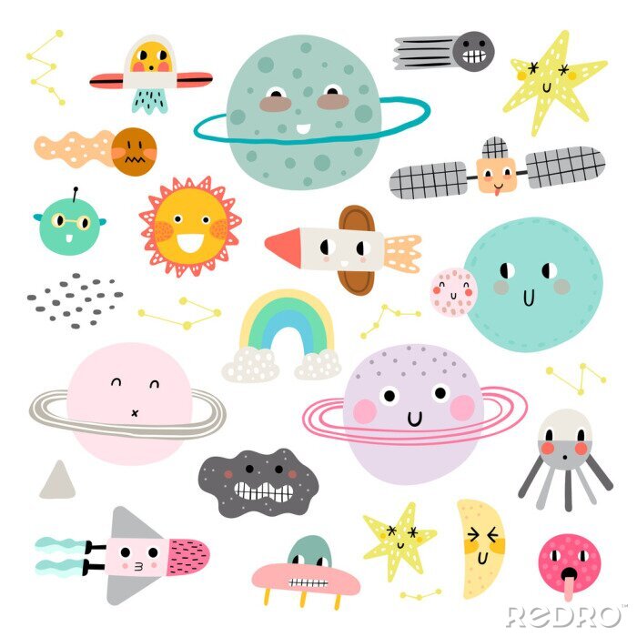 Bild Сute set of cosmic elements. Kawaii moon, sun and planets vector illustration for kids. Isolated design elements for children.