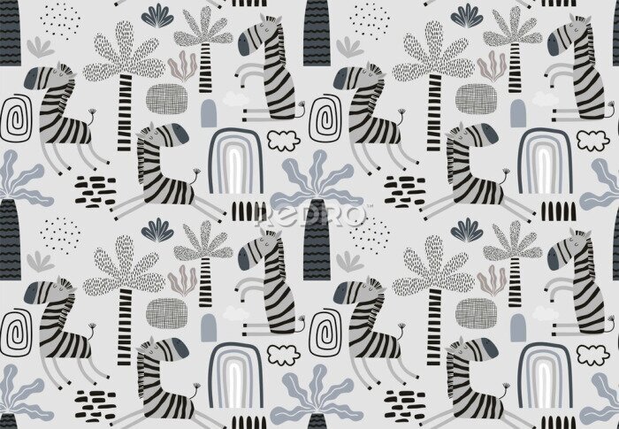 Bild Zebras inmitten von tropischen Pflanzen in Grautönen