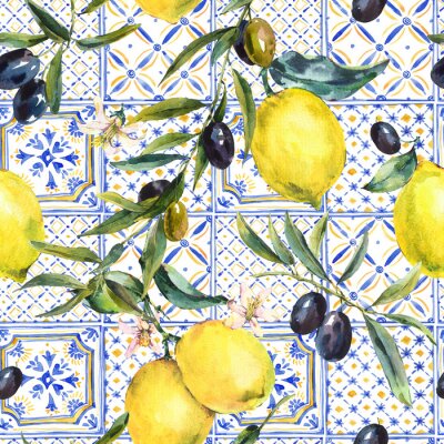  Zitronen auf einem Hintergrund aus blauen Kacheln