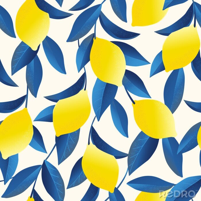 Bild Zitronen und blaue Blätter auf hellem Hintergrund