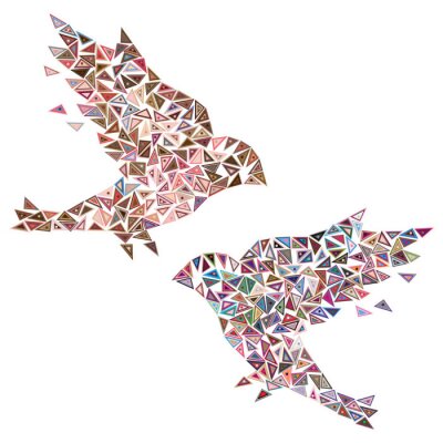 Zwei Vögel im geometrischen Stil. Abstraktes Patchwork getrennt auf weißem Hintergrund. Liebe, Glück, Familienvibrationen.