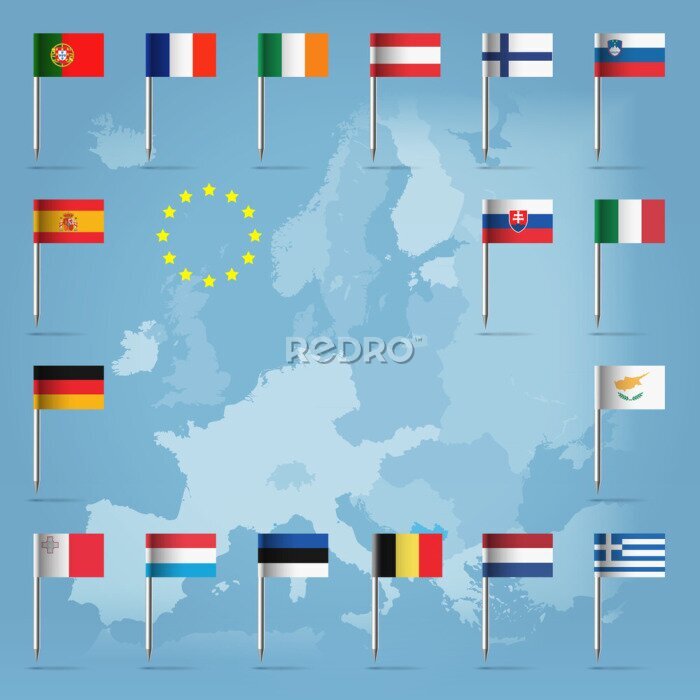 Fototapete 17 Länder der Europäischen Union über die europäische Karte