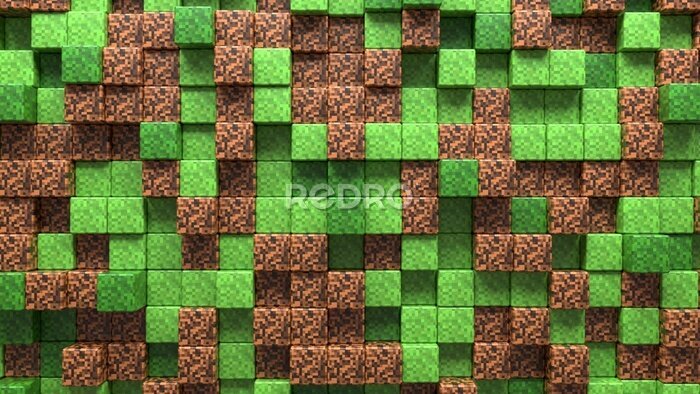 Fototapete 3D Abstract cubes. Video game geometric mosaic waves pattern. Construction of hills landscape using brown and green grass block. Concept of game minecraft