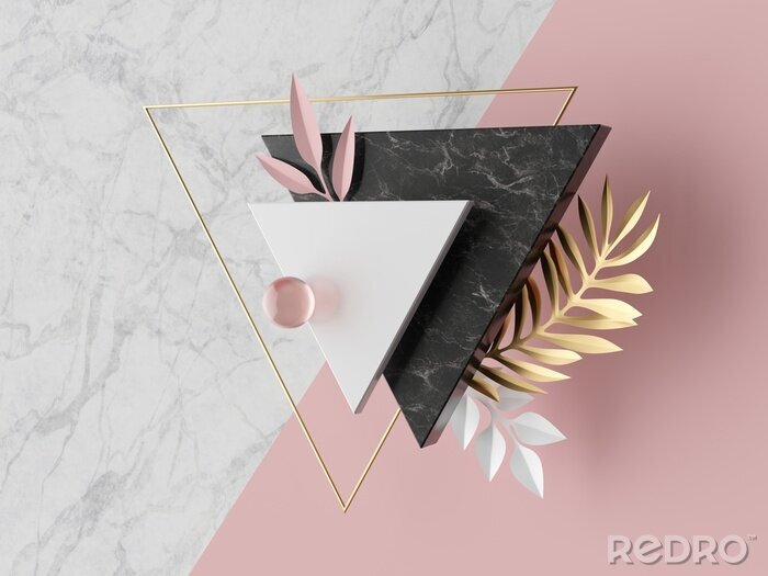 Fototapete 3d abstract modern minimal background, white triangular canvas, black marble texture, pink glass ball, golden triangle, geometric fashion decor, paper palm leaves, simple clean design, blank mockup