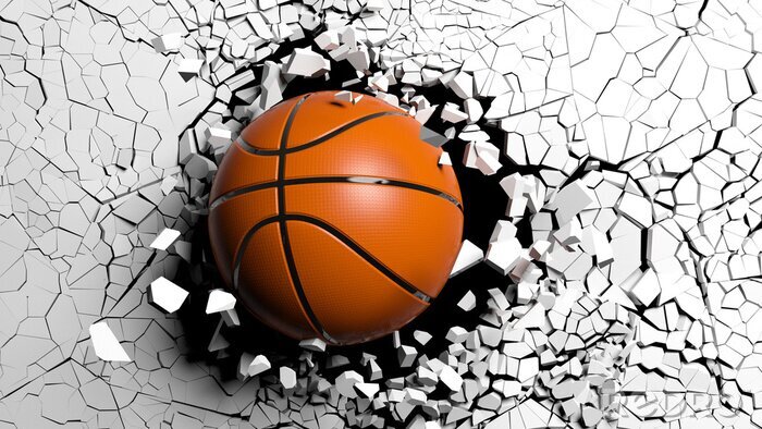 Fototapete 3d-Basketball, der die Wand zerschlägt