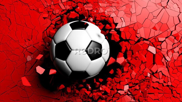 Fototapete 3D-Fußball auf rotem Wandhintergrund