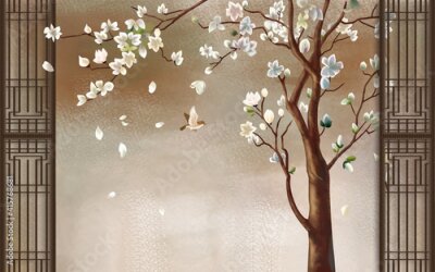 Fototapete 3d illustration, spotted blurred background, brown vertical frames, tall tree with magnolia flowers