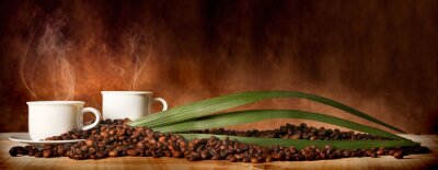Fototapete 3D Kaffee in Tassen und grüne Blätter