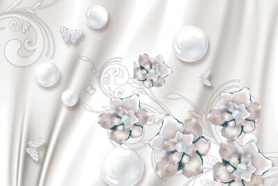 Fototapete 3D Kugeln in Weiß mit Blumen