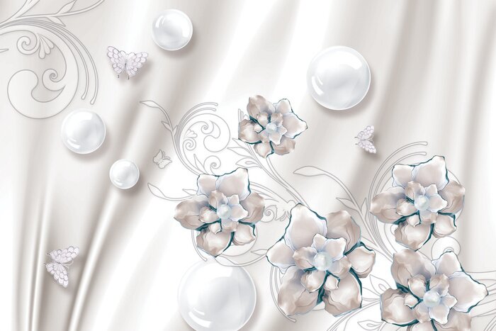 Fototapete 3D Kugeln in Weiß mit Blumen