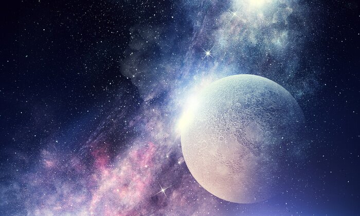 Fototapete 3D-Mond vor Sternenhimmel