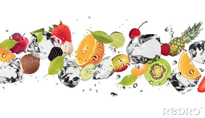 Fototapete 3D Obst inmitten von Eiswürfeln