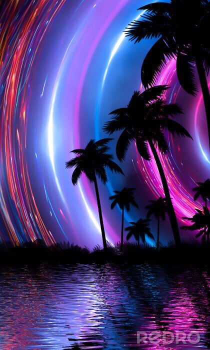 Fototapete 3d Palmen auf einem Hintergrund von glühenden Ringen