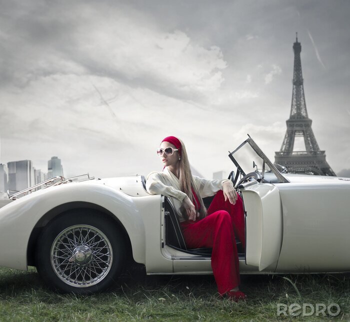 Fototapete 3D Paris und Frau im Auto
