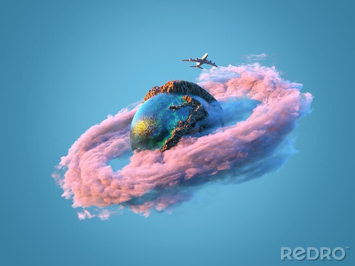 Fototapete 3d Planet Globus umgeben von rosa Wolke