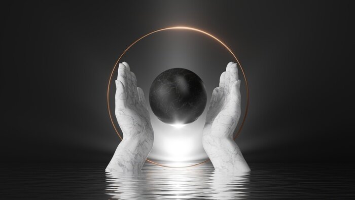 Fototapete 3d render, abstract black background with white marble hands hold black stone ball, inside golden round frame; bright shining light and reflections in the water. Modern minimal scene