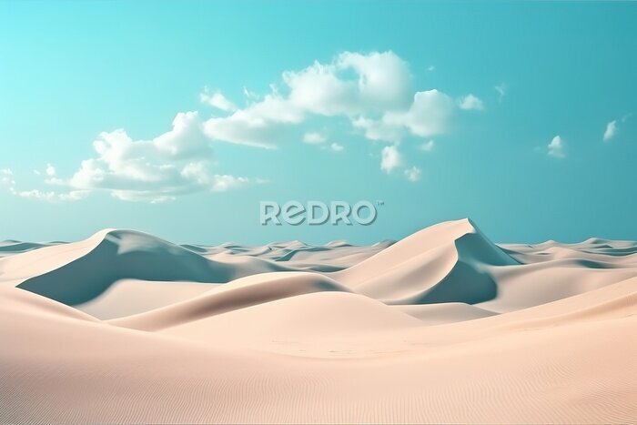 Fototapete 3d render, abstract simple panoramic background. Desert landscape with sand dunes under the blue sky with white clouds. Modern minimal aesthetic wallpaper, Generative AI