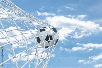 Fototapete 3d rendering of a football ball caught in a white net from the gates on a sky background.