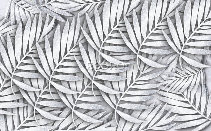 Fototapete 3D tropische Blätter in Grautönen