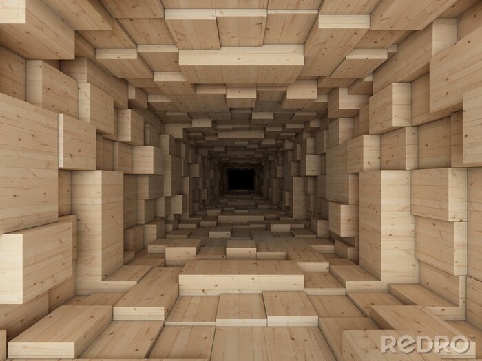 Fototapete 3D-Tunnel aus holzähnlichen Blöcken