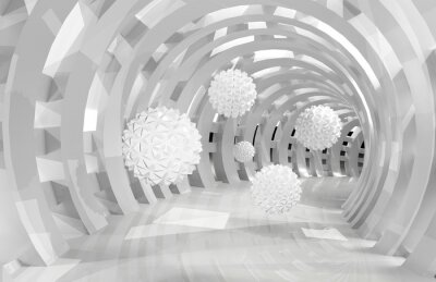 Fototapete 3d wall tunnel with flying balls 3d rendering