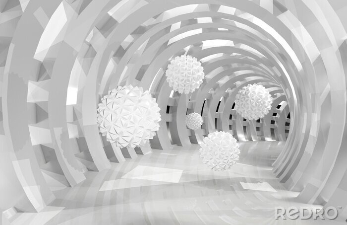 Fototapete 3d wall tunnel with flying balls 3d rendering